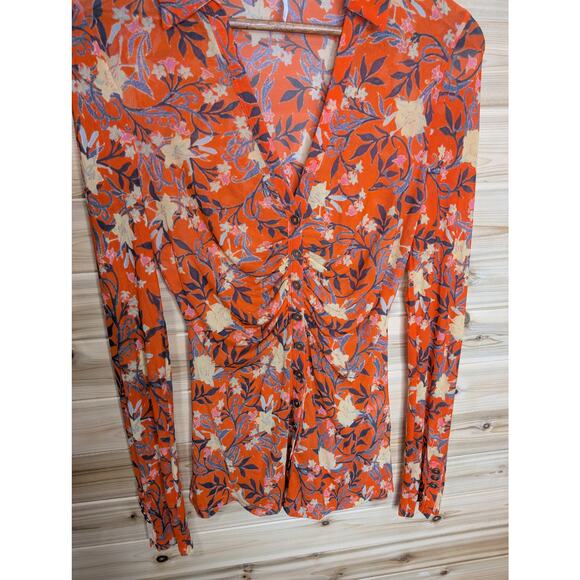 Free People Top Womens Small Orange Floral Mesh Button Front Fitted Blouse Boho - Picture 3 of 10